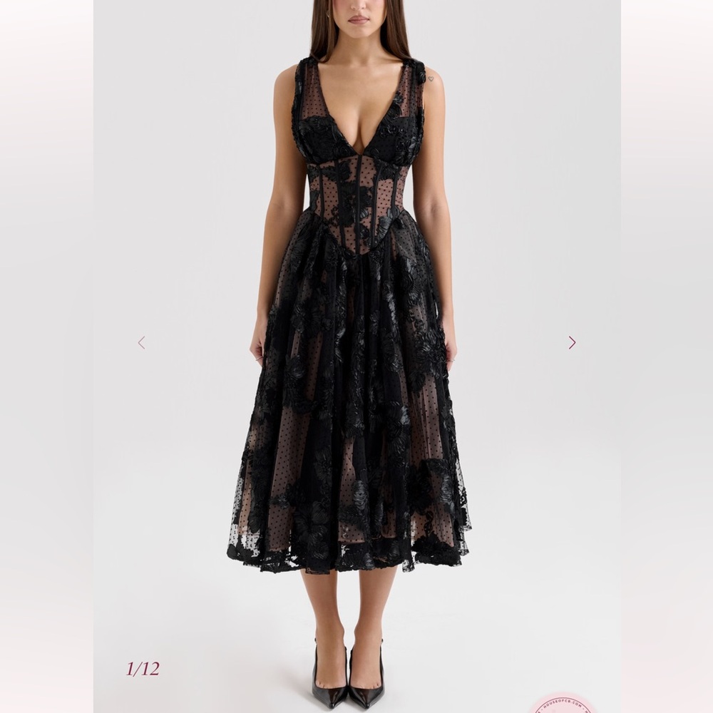 🖤🖤 House of CB -Black Embroidered Tulle Corset Midi Dress- Size L 🖤🖤